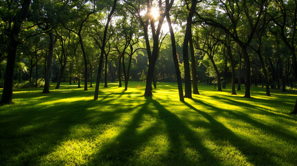 The sun shines brightly through the dense canopy of trees, casting long shadows on the lush green grass below. The interplay of light and shadows creates a mesmerizing pattern on the forest floor