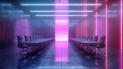 3D minimalist conference room, holographic tech, futuristic