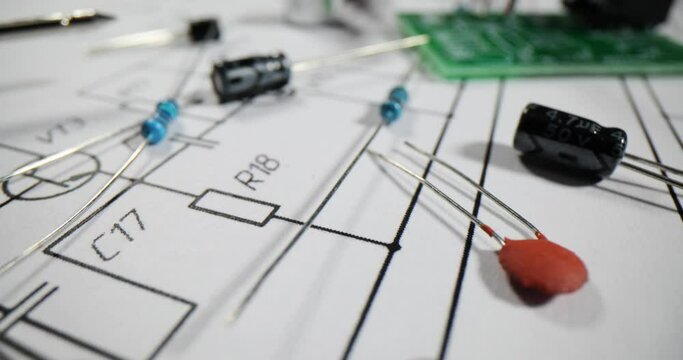 Semiconductor devices on electrical scheme in workshop