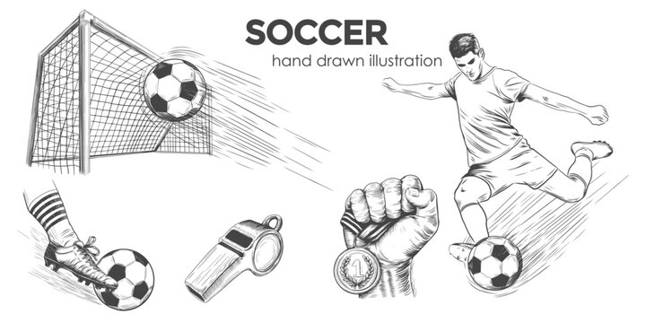Hand drawn set of soccer football player, whistle, goal and ball isolated on white background. Detailed vintage doodle drawing. Set Football elements sketch isolated.
