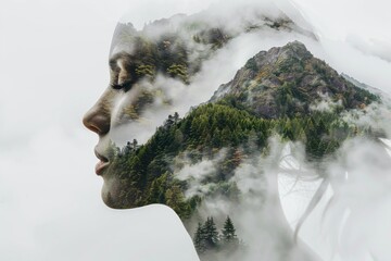 Woman with serene mountain landscape in mind, eyes closed, hair blowing. Nature representation in profile view, conveying inner peace, meditation, and connection with nature.