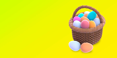 3d  basket with color eggs  on yellow background. perfect for backgrounds