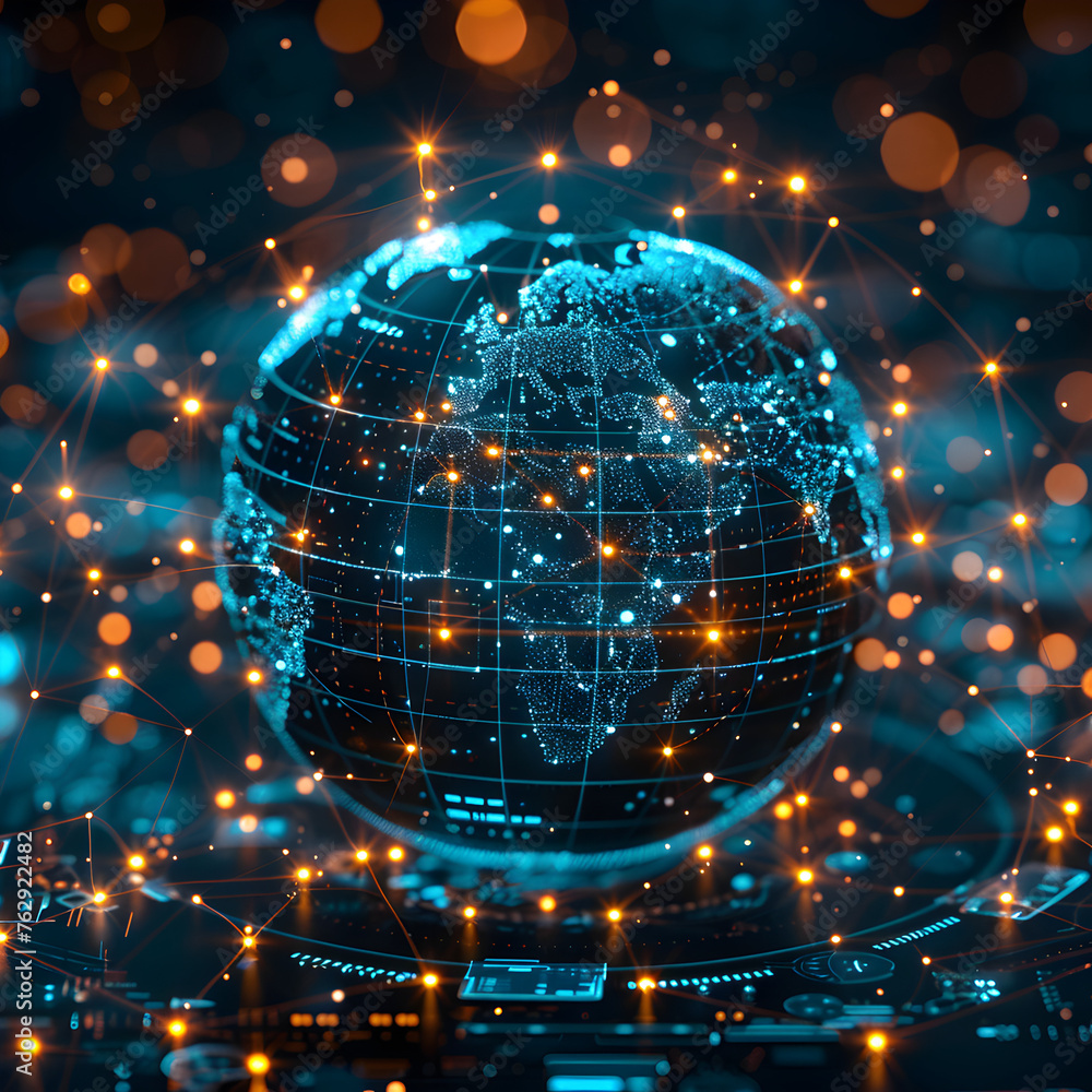 Wall mural a representation of the globe surrounded by technology icons and connecting lines, symbolizing globa
