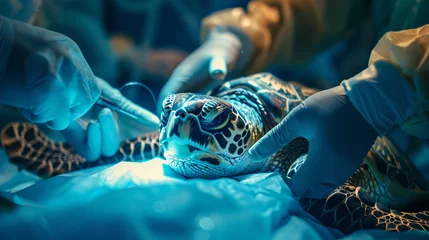 Fotobehang Marine veterinarian team conducting a precise surgical procedure on a sea turtle symbolizing hope in a blue-lit OR © Thanapipat