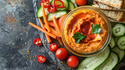 A jar of homemade roasted red pepper hummus served with a side of pita bread and a mix of fresh vegetables for dipping.