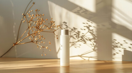 In a sunlit room adorned with beige tones, minimalist skincare bottles rest serenely.