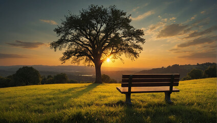 A bench overlooking a sunset. - obrazy, fototapety, plakaty