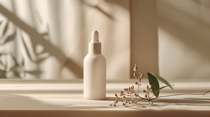 Against the backdrop of beige tones in a sunlit room, minimalist skincare bottles take center stage.