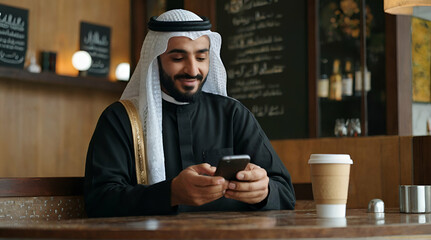 Arab Muslim man in abaya, sits in a coffee shop and works with a smartphone.generative.ai