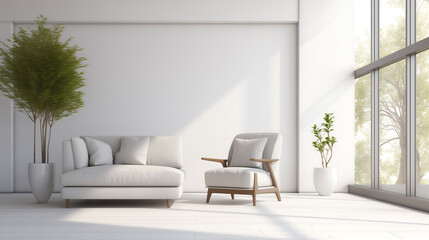 Fototapeta premium Minimalist room interior with a simple sofa and empty walls