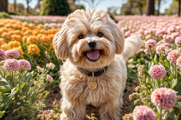 A multipoo dog frolicking in a meticulously detailed field of flowers. 