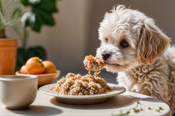 A multipoo dog savoring a delicious meal amidst an atmospheric dining scene.
