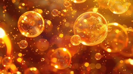 Foto op Plexiglas Close-up of floating orange bubbles with sparkling particles, creating an abstract fiery landscape reminiscent of effervescent vitality. © Elena