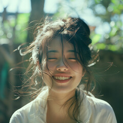 asian girl smiling with happiness and joy, in the morning, hair bun, messy hair, sweet smile