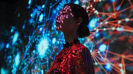 A model stands in front of a floortoceiling mirror but instead of her reflection she is surrounded by a vibrant and everchanging display of digital patterns highlighting the