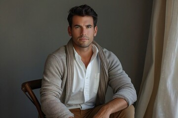 Fototapeta premium Confident handsome man sitting on chair looking at camera.