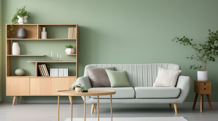 Interior living room with light green wall and shelf.
