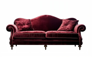 Burgundy velvet sofa with buttons and brown farmhouse frame isolated on white. Upholstered furniture for the living room
