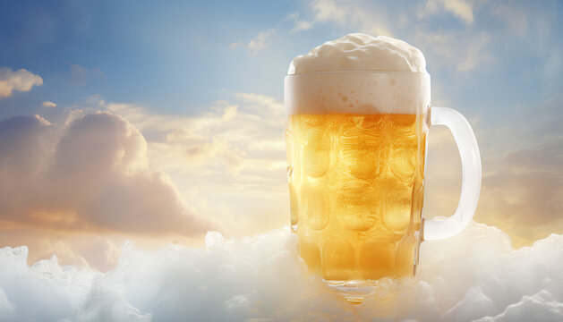 Chilled beer in a glass or mug with wheat field background and wallpaper 