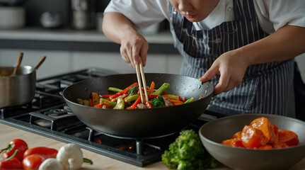 Busy chef cooking stir fry in the kitchen .generative.ai