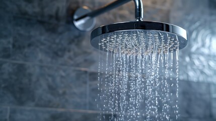 Chrome shower head streams water in a sleek, modern bathroom setting