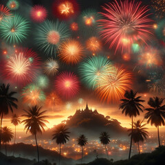 firework display above a silhouette of palm trees and a distant illuminated temple on a hill