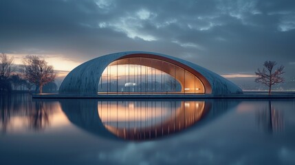 Obraz premium Circular architecture spans the still water under a dusky sky