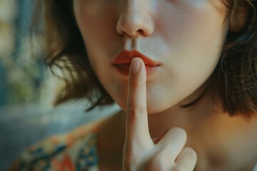 Naklejka premium Captivating portrait of a young woman with brown hair shushing, exuding an air of mystery and elegance with her finger pressed to her lips, enhanced by the bold red lipstick she wears.