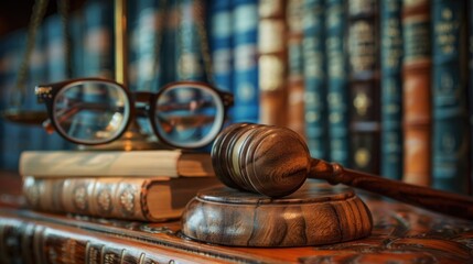 Legal system authority captured through gavel and spectacles on legal codes