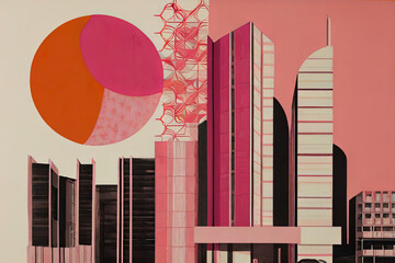 Pink and orange architectural resonance. Indie editorial collage retro illustration. Risograph risoprint artwork. 