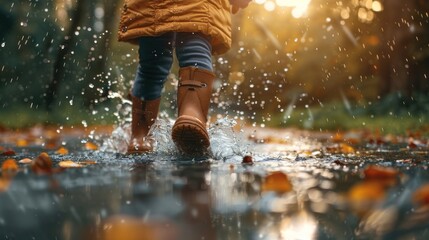 Little adventurer braves the rain for playful splashes in oversize boots - obrazy, fototapety, plakaty