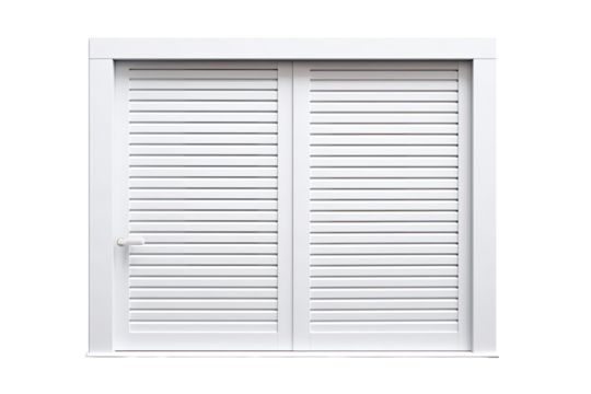 White window shutters with slatted panels, providing a clean and modern look. 