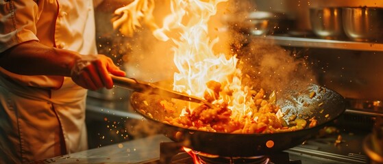 A Chef cooking a fiery stir fry in a wok