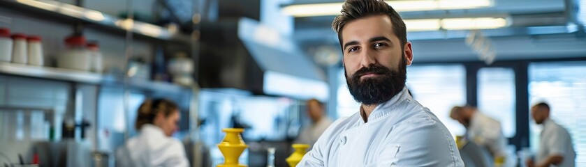 A confident male food scientist with a beard standing arms crossed in a busy laboratory - Powered by Adobe