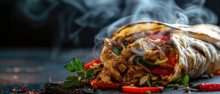 A Close-up of a delicious steamy chicken shawarma wrap with fresh vegetables and spices