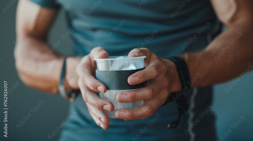 Poster a pair of hands holding a cup of ice and a compression wrap demonstrating the proper technique for t