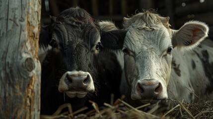 Farm life captured through the eyes of contented cows in their shelter - obrazy, fototapety, plakaty