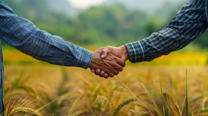 Farmers shake hands over a land agreement, merging tradition and technology