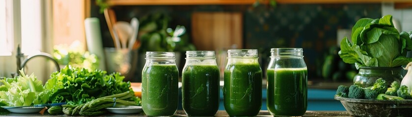 A Healthy green smoothies in glass jars alongside a variety of green vegetables on a kitchen counter
