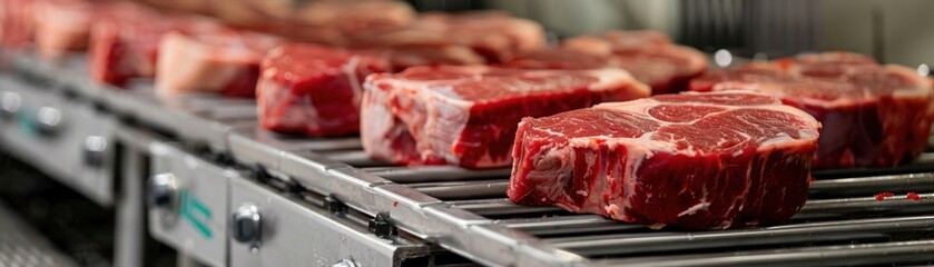 A High-quality beef steaks on a production line in an industrial food processing plant