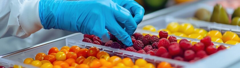 A laboratory technician in gloves preparing colorful fruit samples in a clinical research facility