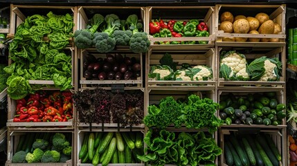 A neatly organized supermarket shelf displaying a variety of fresh organic vegetables - obrazy, fototapety, plakaty