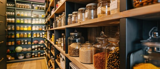 A modern pantry with wooden shelves neatly lined with labeled jars of grains spices