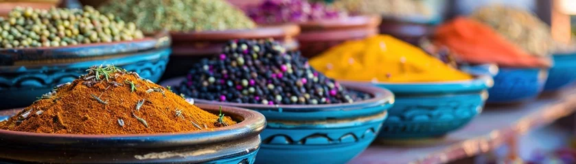 Fotobehang A vibrant display of exotic spices and herbs in bowls at an outdoor market © Creative_Bringer