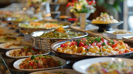 An array of delicious dishes elegantly presented on a buffet line in a contemporary restaurant atmosphere.