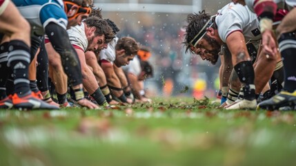 The focus and strength of players legs as they drive forward in the scrum.