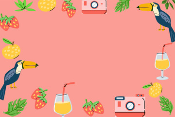 Summer hand drawn pink background with beach frame. Vector illustration of beach cocktail, tropical bird toucan and camera.