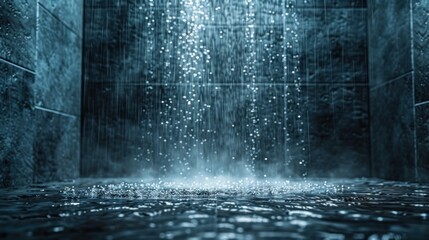 Refreshing shower rain falls against a backdrop of dark tiles