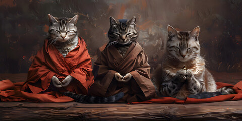 Three cats characterized as doubting monks in a temple meditating