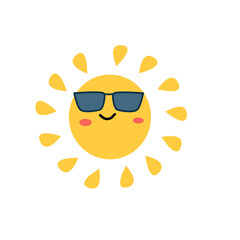 summer sun character with sunglasses . Vector illustration can used for summer sticker, poster and print. Baby cartoon sun character icon.